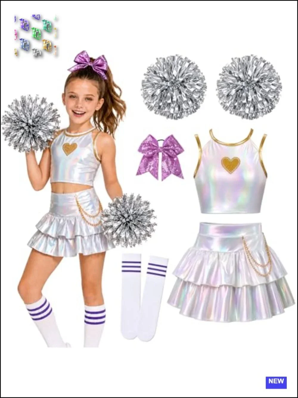 Girls Sequin Cheerleader Costume Set with Pom Poms, Bow & Socks